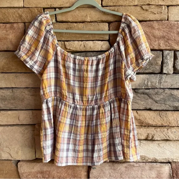 Lucky Brand multicolor plaid boho peasant blouse top Women Large - Like new - Picture 6 of 10